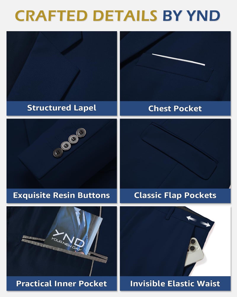 YND Men's 3 Piece Suit Set with Tie, 2 Button Slim Fit Solid Blazer Jacket Vest Pants, Business Wedding Party Suits for Men, Deep Blue - Image 3
